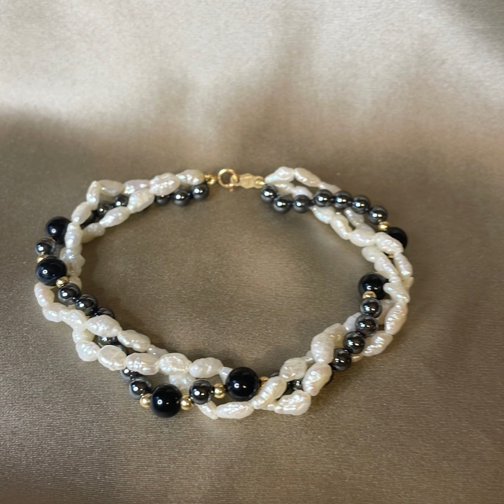 Vintage 3 Strand Genuine FWP Onyx Hematite 14k Bracelet